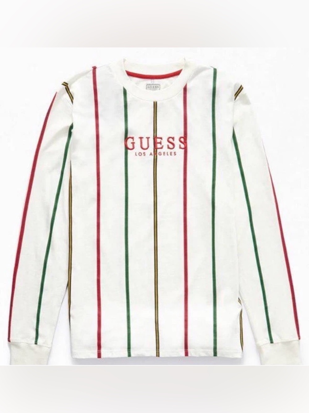 Guess Travis Pinstripe Classic Embroidered Long Sleeve T Shirt White Men’s Small